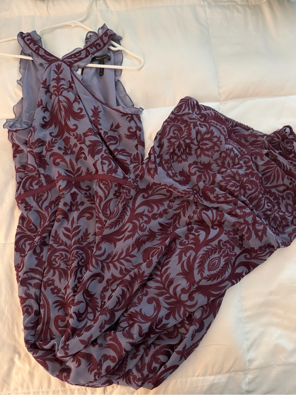 BCBGMaxAzria Purple Halter Formal Dress with Wine Velvet Damask Overlay